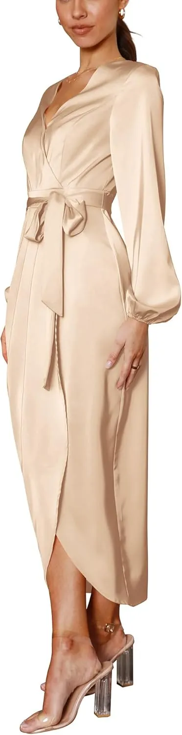 Cosonsen Women's Long Sleeve V-Neck Tie Waist Split Formal Cocktail Wedding Guest Dresses