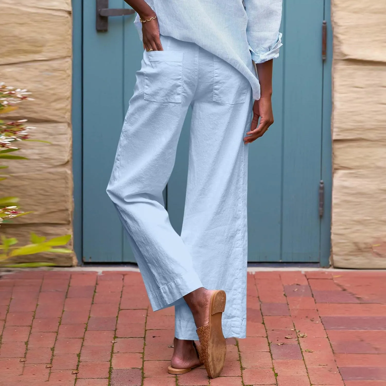 Cropped Linen Pants Women Summer Flare Wide Leg Pants High Waisted Work Pants Business Casual Bootcut Trouser Pants