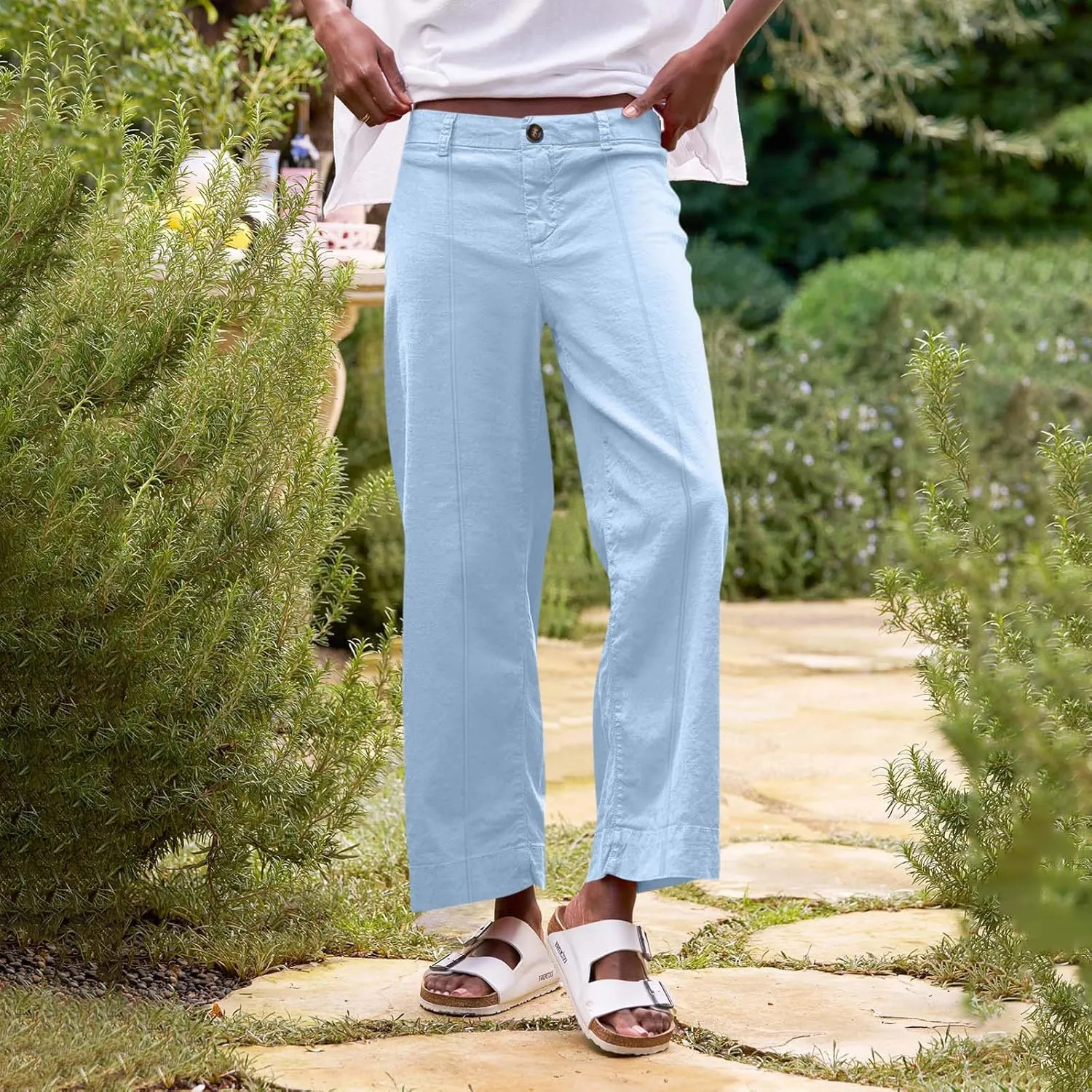 Cropped Linen Pants Women Summer Flare Wide Leg Pants High Waisted Work Pants Business Casual Bootcut Trouser Pants