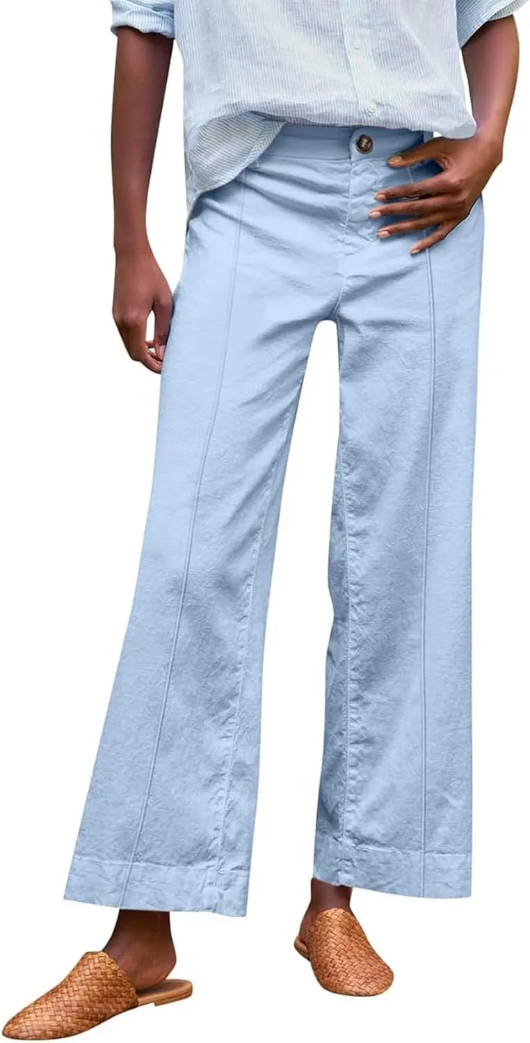 Cropped Linen Pants Women Summer Flare Wide Leg Pants High Waisted Work Pants Business Casual Bootcut Trouser Pants