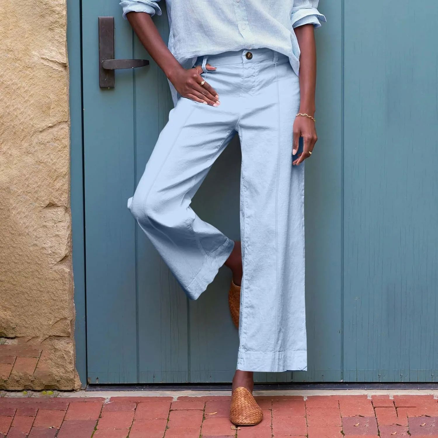 Cropped Linen Pants Women Summer Flare Wide Leg Pants High Waisted Work Pants Business Casual Bootcut Trouser Pants