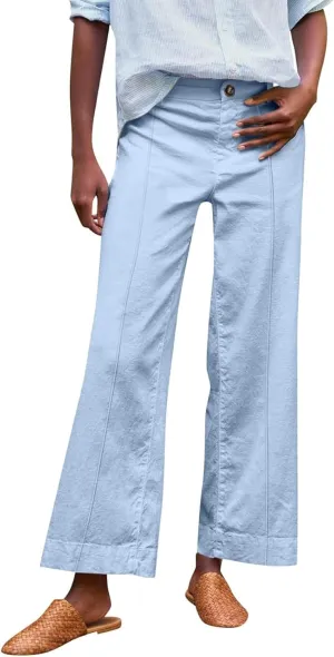 Cropped Linen Pants Women Summer Flare Wide Leg Pants High Waisted Work Pants Business Casual Bootcut Trouser Pants