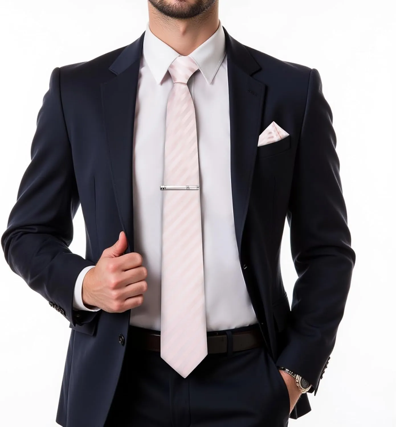 DiBanGu Mens Silk Necktie Solid Color Tie and Pocket Square Cufflink Tie Clip Set Woven Plain Ties for Men Wedding Party