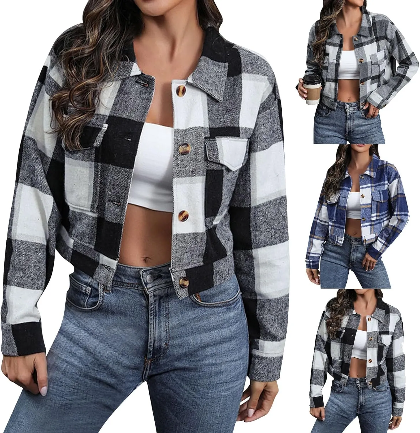Flannels for Women Cropped Shacket Jacket Fashion Plaid Lapel Collars Button Down Shirt 2024 Fall Coat Tops