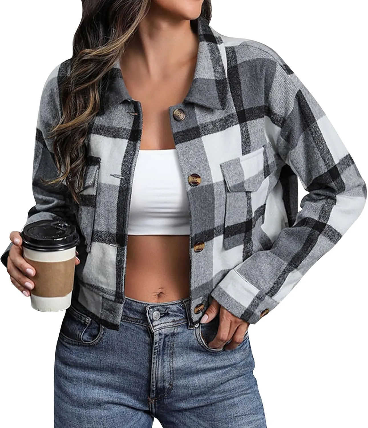 Flannels for Women Cropped Shacket Jacket Fashion Plaid Lapel Collars Button Down Shirt 2024 Fall Coat Tops
