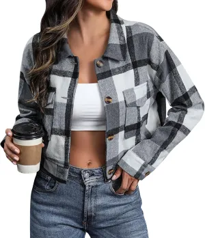 Flannels for Women Cropped Shacket Jacket Fashion Plaid Lapel Collars Button Down Shirt 2024 Fall Coat Tops