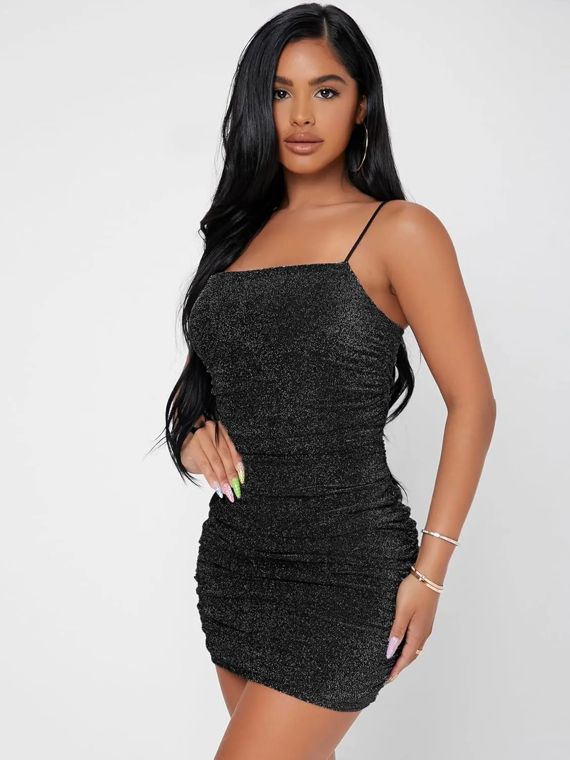 Floerns Women's Glitter Sleeveless Ruched Party Clubwear Bodycon Mini Dress