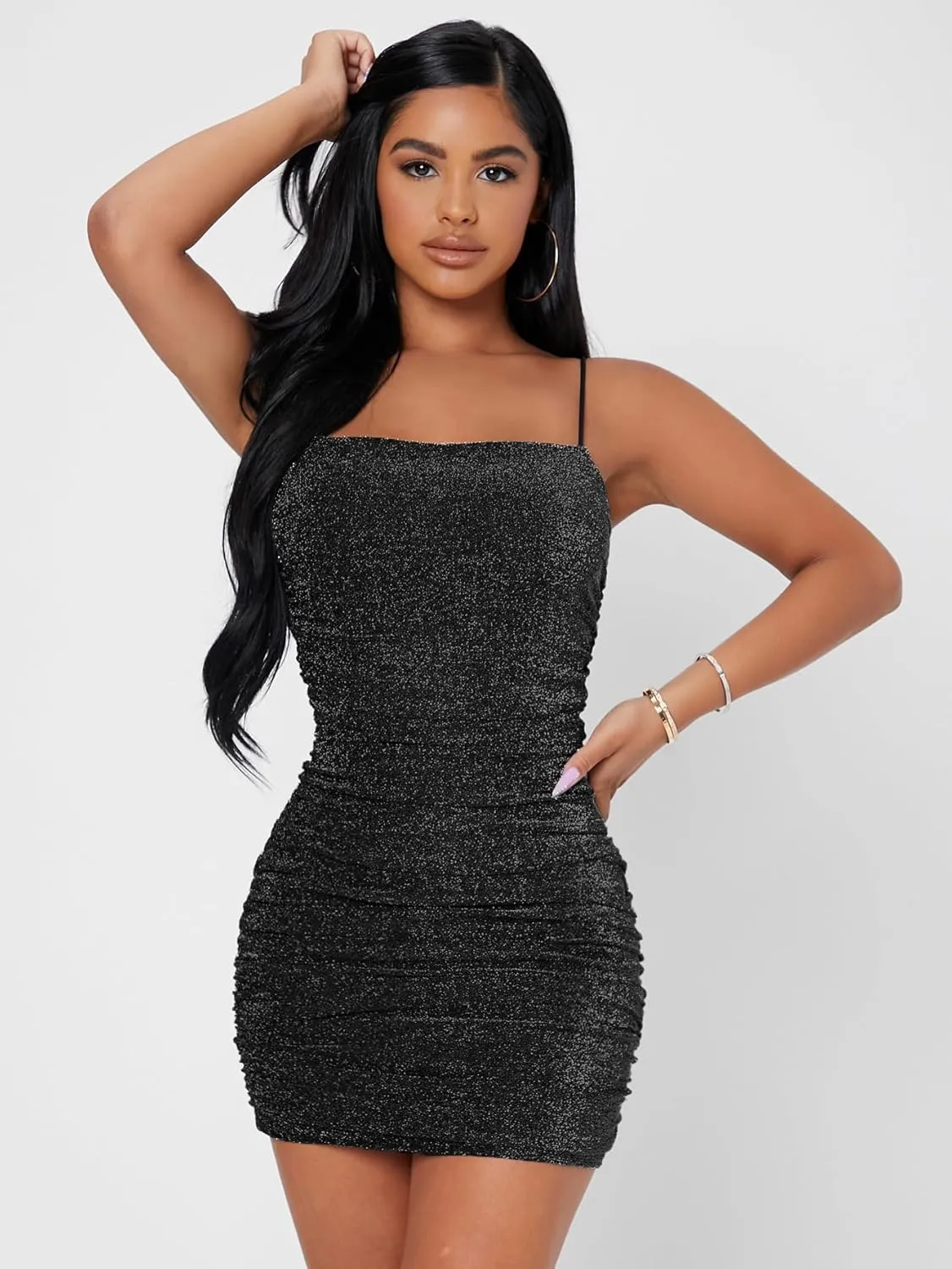 Floerns Women's Glitter Sleeveless Ruched Party Clubwear Bodycon Mini Dress