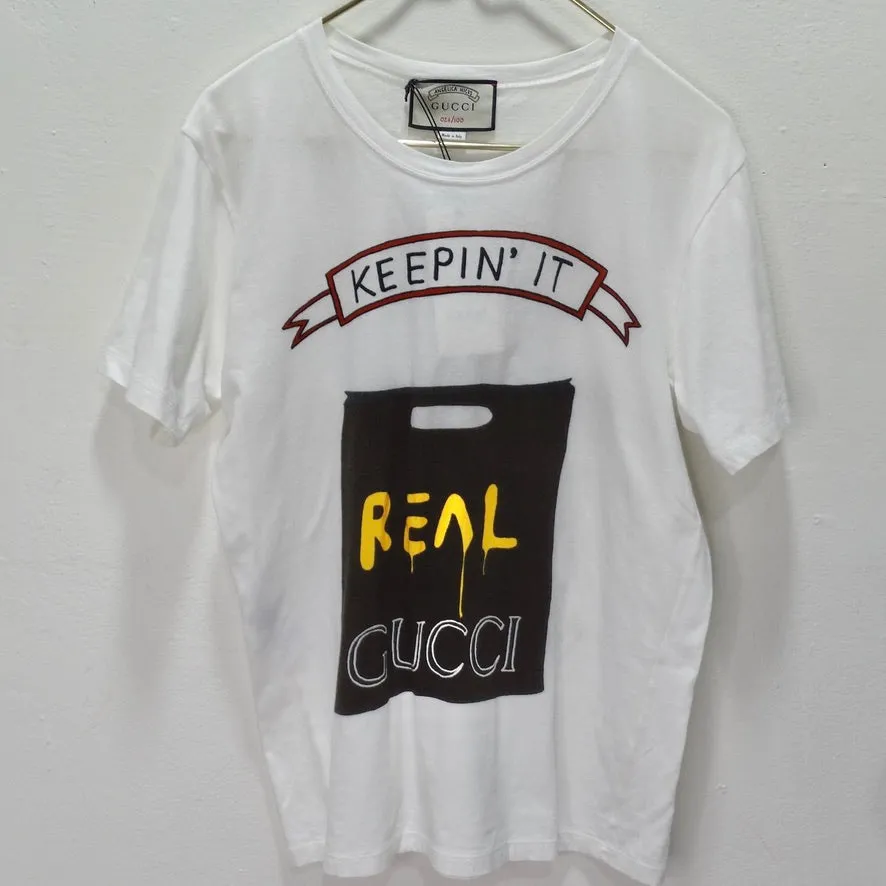 Gucci X Angela Hicks Limited Edition White Cotton 'Keepin It Real' T Shirt   Tin