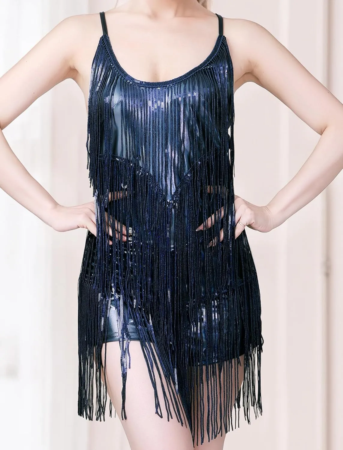 IBAKOM Women Fringe Latin Dance Dress Sexy Lace Up Back Sparkly Sequin Tassel Jumpsuit Teen Metllic Ballroom Dance Romper