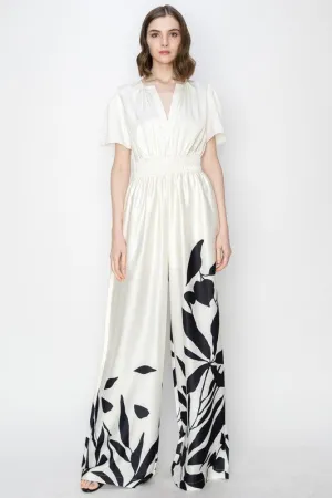 Ivory V Neck Leaf Printed Wide Jumpsui