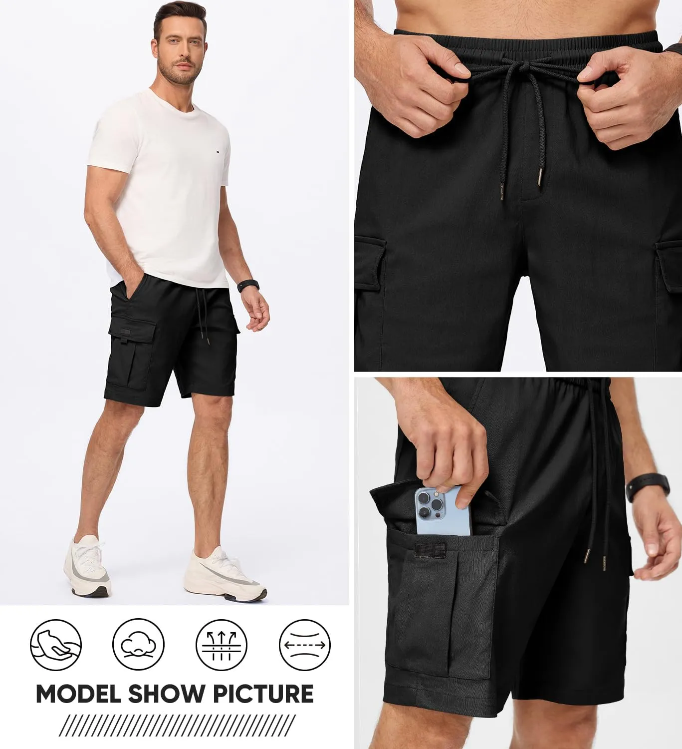 JMIERR Men's Casual Stretch Cargo Shorts Classic Drawstring Elastic Waist Summer Work Short with Multi Pockets