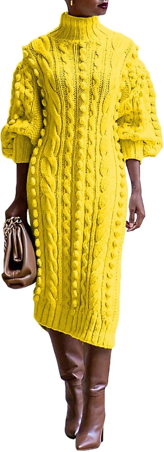 JYAOVO Women's 2023 Lantern Sleeve Turtleneck Chunky Knit Pom Pom High Split Bodycon Sweater Dress Sexy Midi Dress