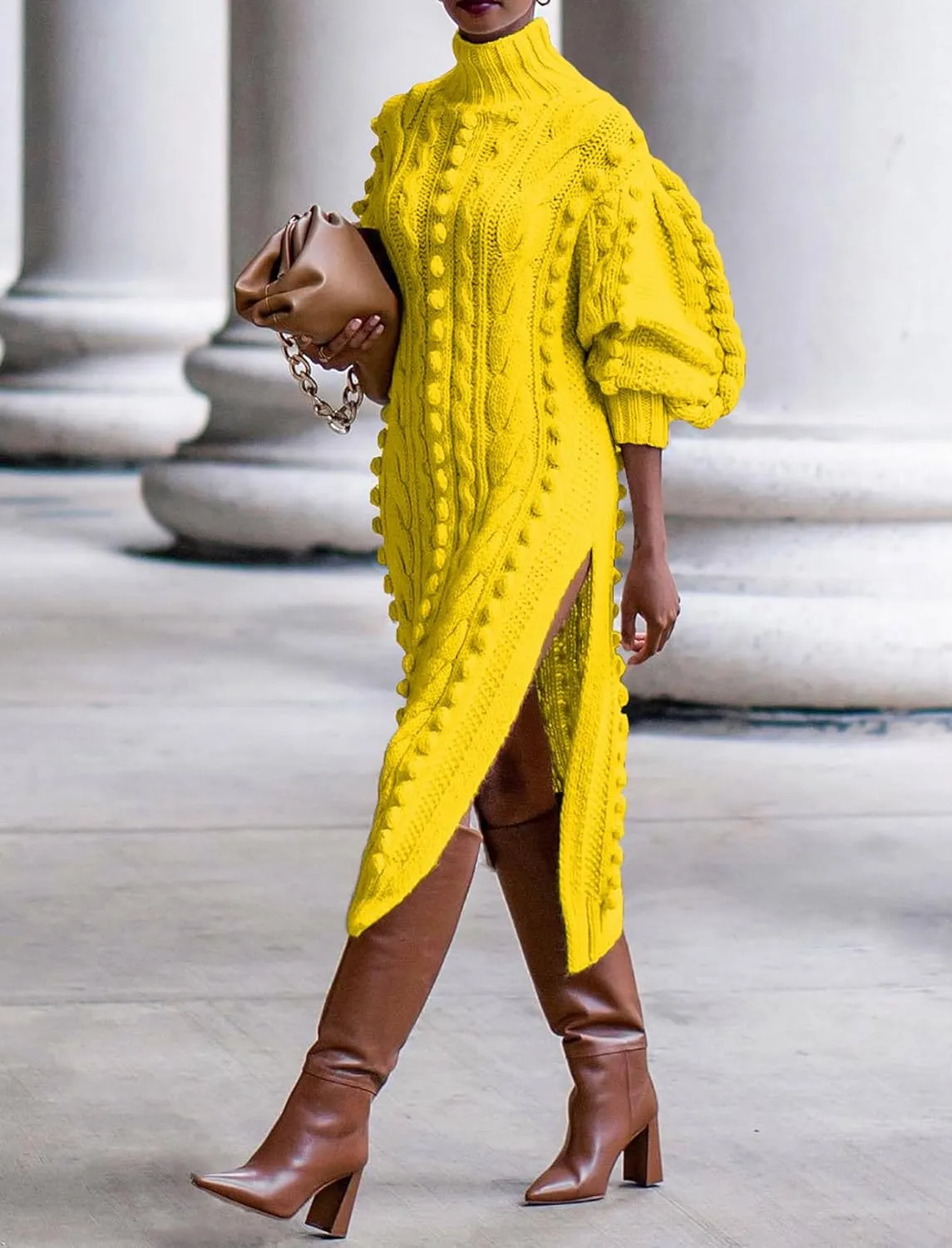 JYAOVO Women's 2023 Lantern Sleeve Turtleneck Chunky Knit Pom Pom High Split Bodycon Sweater Dress Sexy Midi Dress