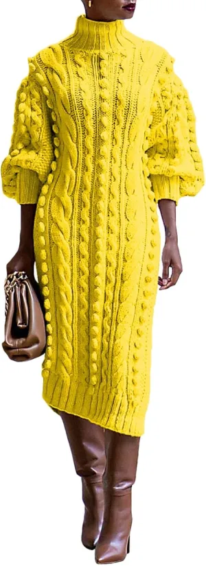 JYAOVO Women's 2023 Lantern Sleeve Turtleneck Chunky Knit Pom Pom High Split Bodycon Sweater Dress Sexy Midi Dress