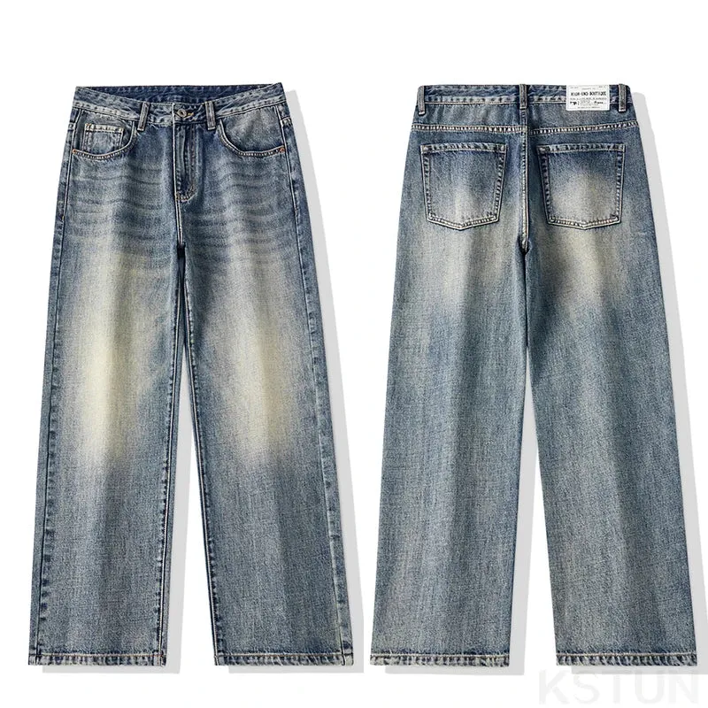 KSTUN Baggy Pants Men Wide Leg Jeans Loose Casual Streetwear Men's Trousers Light Blue Denim Clothes Jeans For Men Big Size 40