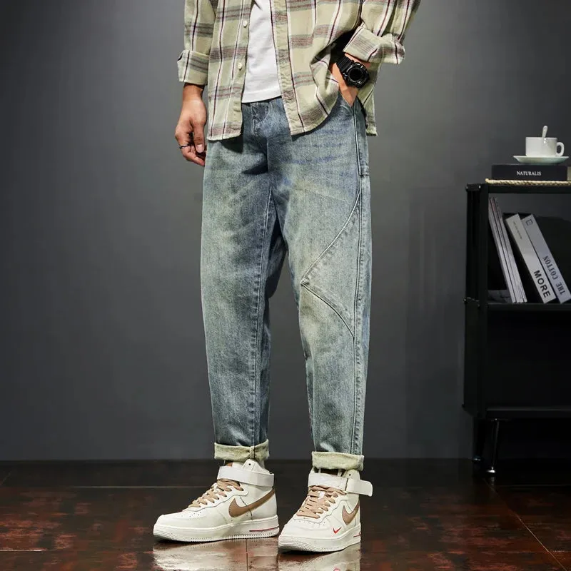 KSTUN Jeans Men Loose Fit Retro Blue 2024 Spring Wide Leg Pants Denim Trousers Korean Style Fashion Side Pocket Male Baggy Pants
