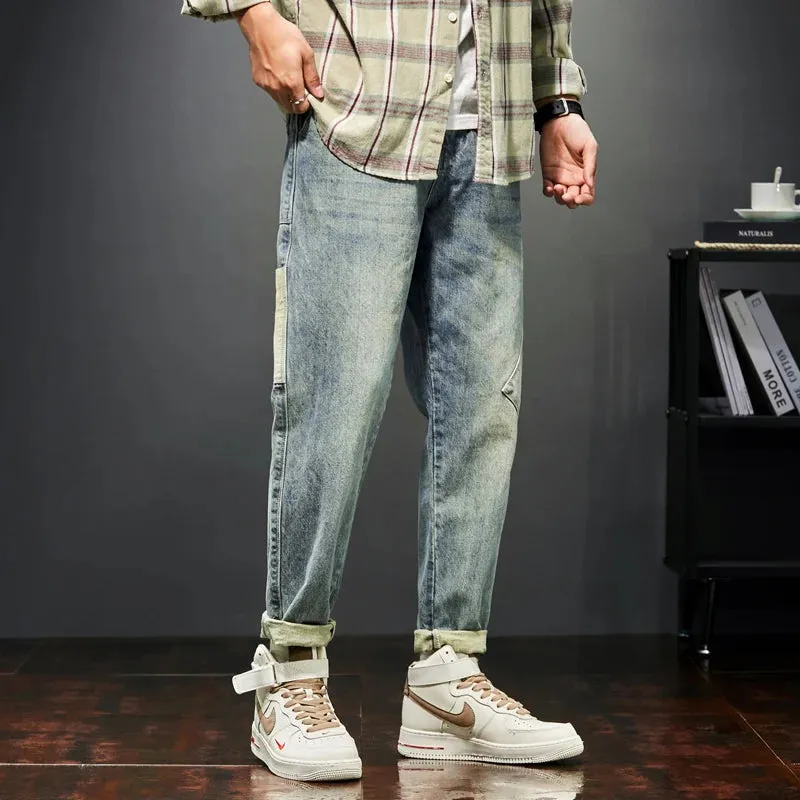 KSTUN Jeans Men Loose Fit Retro Blue 2024 Spring Wide Leg Pants Denim Trousers Korean Style Fashion Side Pocket Male Baggy Pants