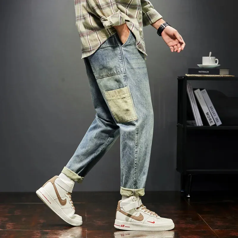 KSTUN Jeans Men Loose Fit Retro Blue 2024 Spring Wide Leg Pants Denim Trousers Korean Style Fashion Side Pocket Male Baggy Pants