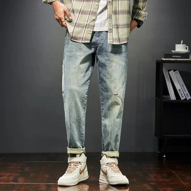 KSTUN Jeans Men Loose Fit Retro Blue 2024 Spring Wide Leg Pants Denim Trousers Korean Style Fashion Side Pocket Male Baggy Pants