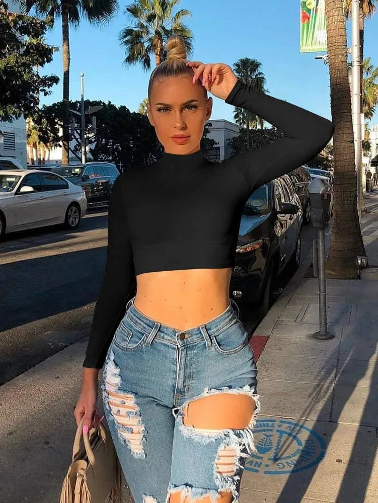 LAGSHIAN Basic Long Sleeve Crop Top, Women's Turtleneck Sexy Casual Top
