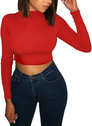 LAGSHIAN Basic Long Sleeve Crop Top, Women's Turtleneck Sexy Casual Top