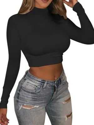 LAGSHIAN Basic Long Sleeve Crop Top, Women's Turtleneck Sexy Casual Top