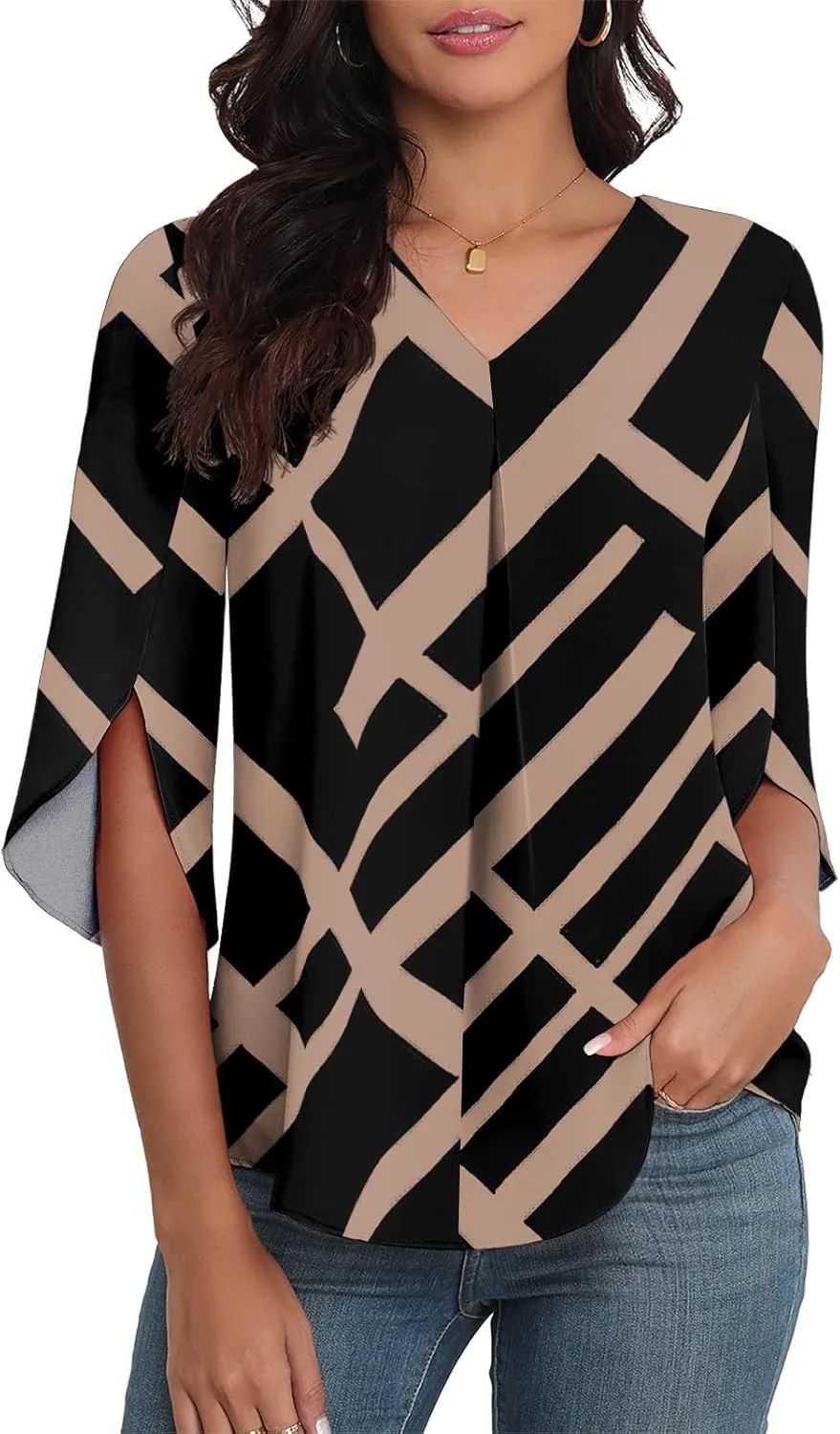 LAOLASI Womens Summer Chiffon Blouses 3/4 Sleeve V Neck Casual Loose Work Tops for Leggings 2025 Flowy Dressy Tshirts