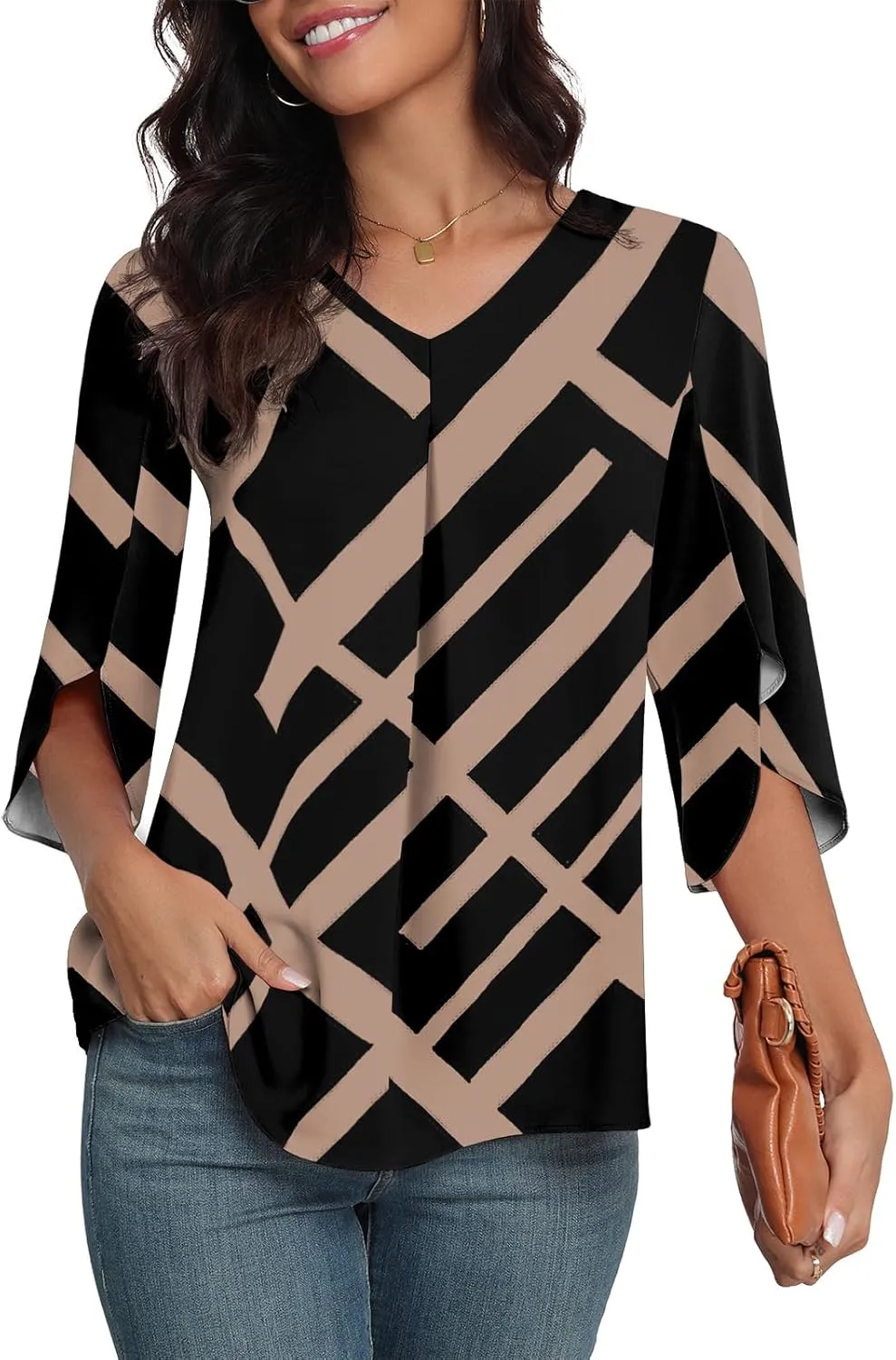 LAOLASI Womens Summer Chiffon Blouses 3/4 Sleeve V Neck Casual Loose Work Tops for Leggings 2025 Flowy Dressy Tshirts