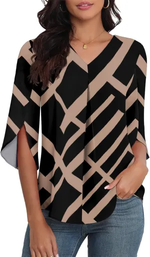 LAOLASI Womens Summer Chiffon Blouses 3/4 Sleeve V Neck Casual Loose Work Tops for Leggings 2025 Flowy Dressy Tshirts