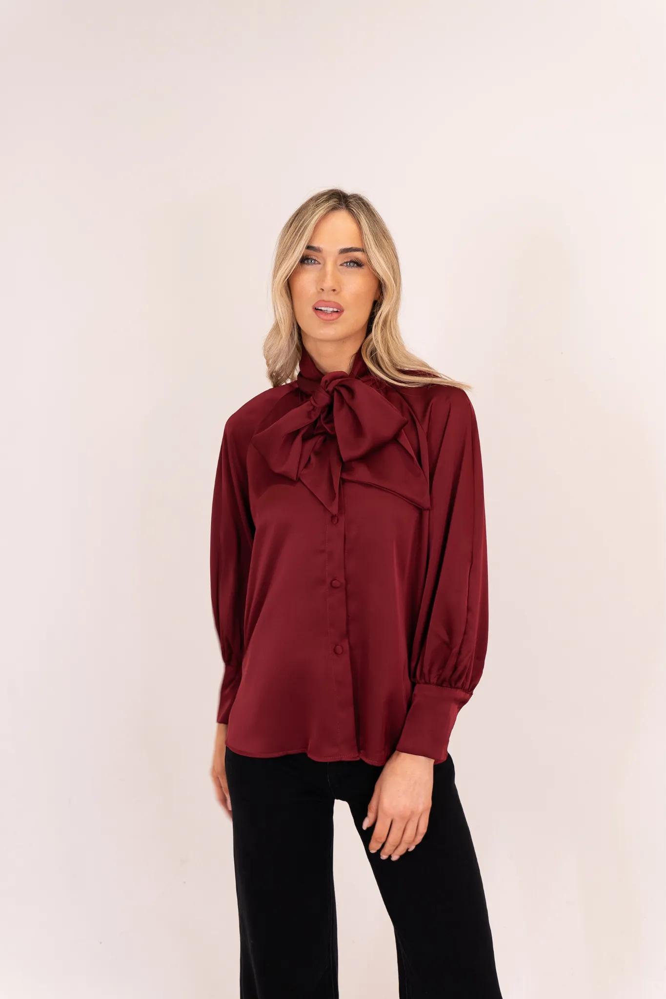 Leah Tie Neck Satin Blouse In Bordeaux