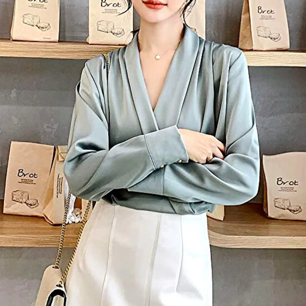 Luexco Elegant Satin Blouse Wrap V Neck Long Sleeve Top