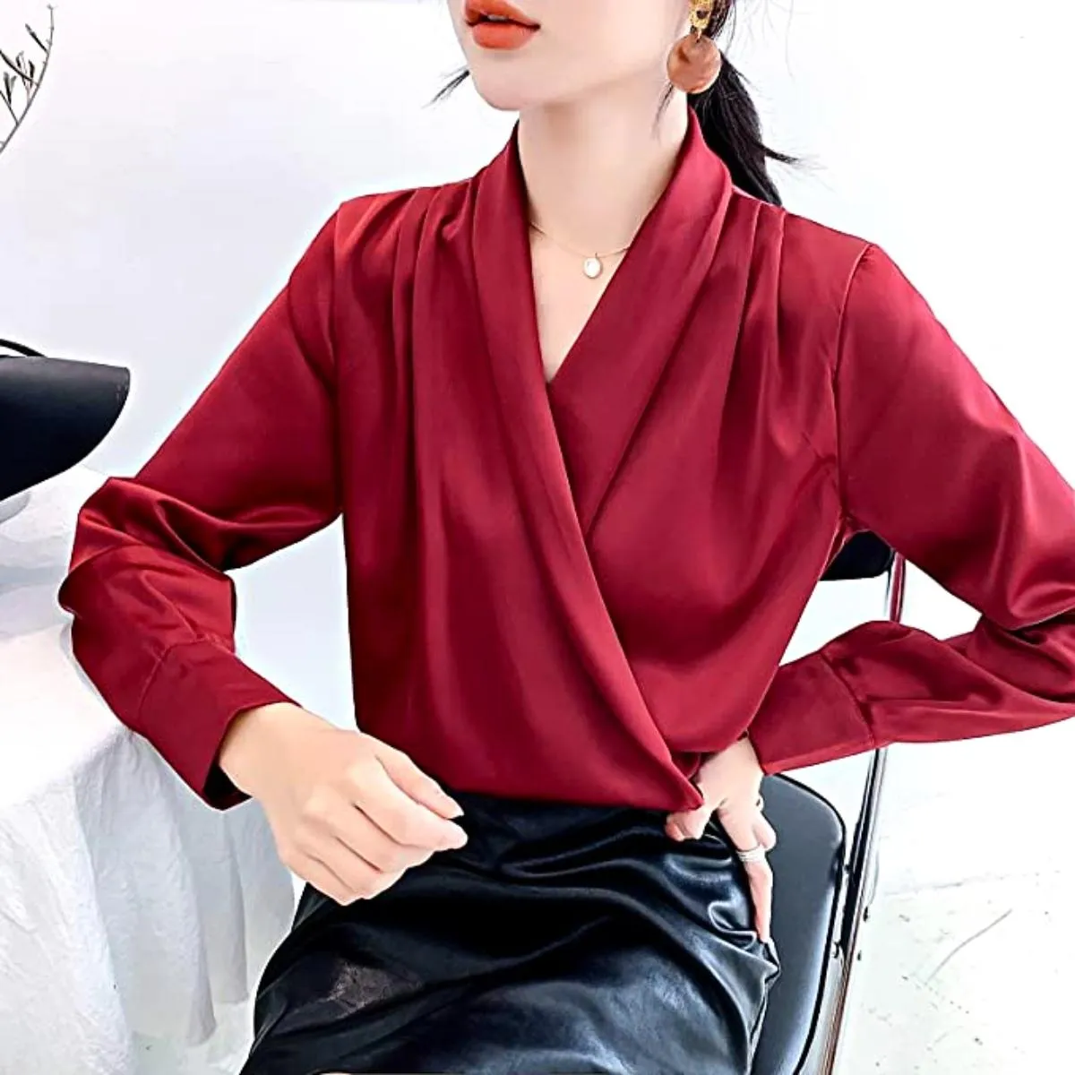 Luexco Elegant Satin Blouse Wrap V Neck Long Sleeve Top