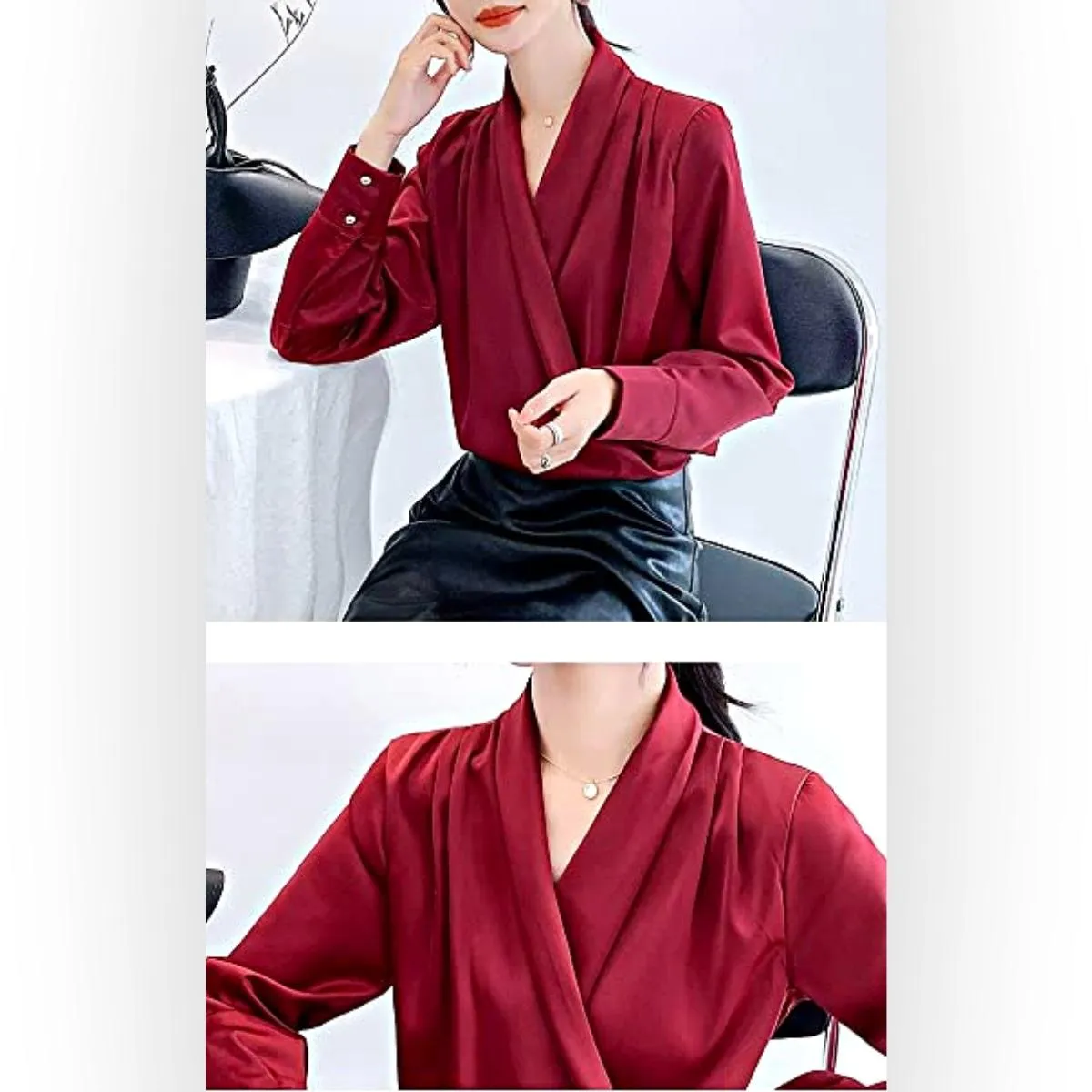 Luexco Elegant Satin Blouse Wrap V Neck Long Sleeve Top