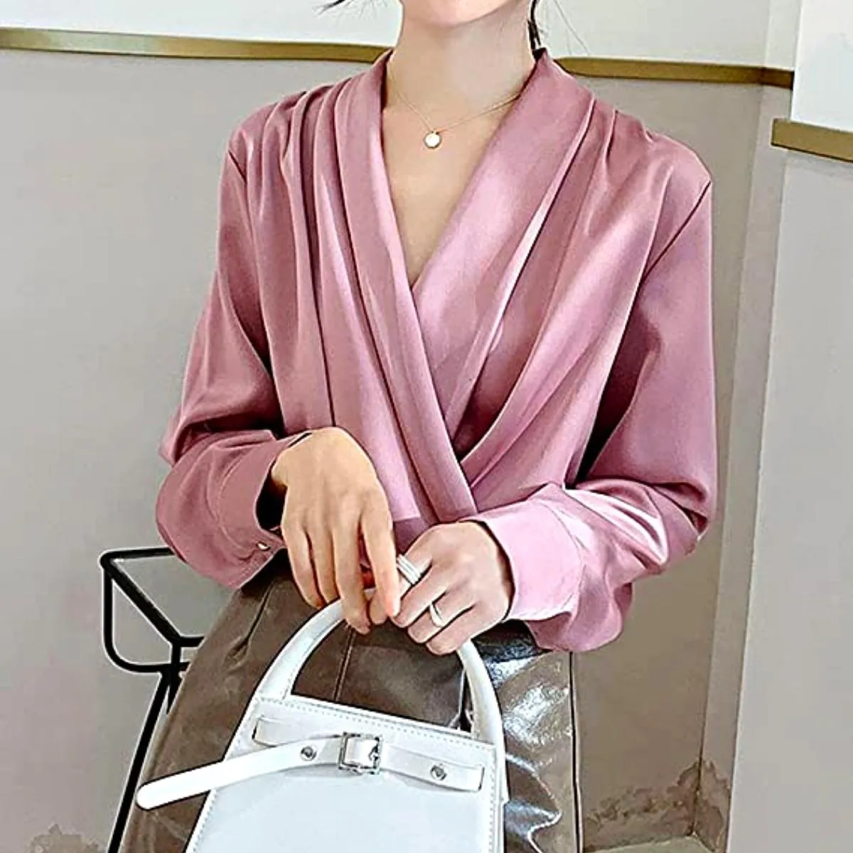Luexco Elegant Satin Blouse Wrap V Neck Long Sleeve Top