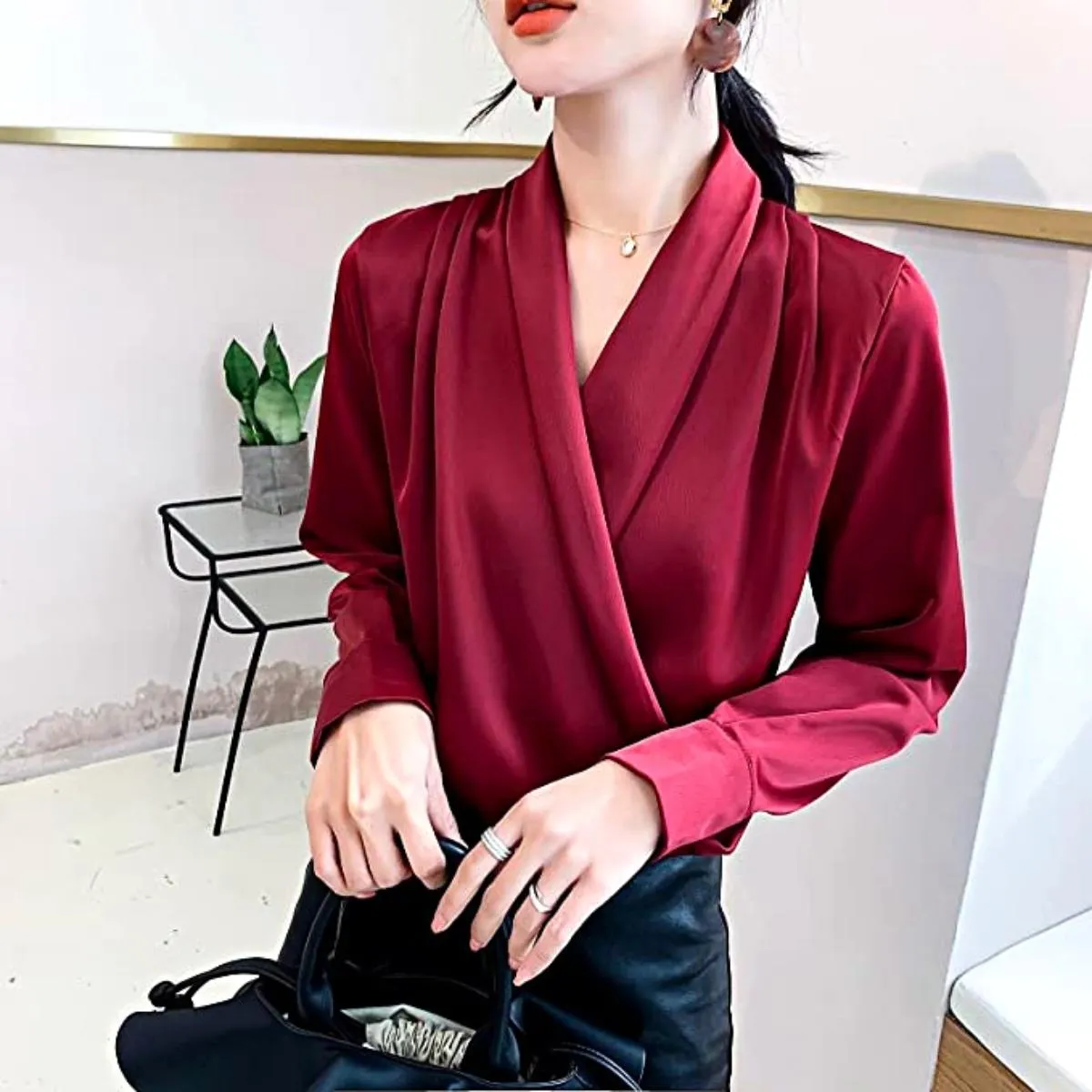 Luexco Elegant Satin Blouse Wrap V Neck Long Sleeve Top