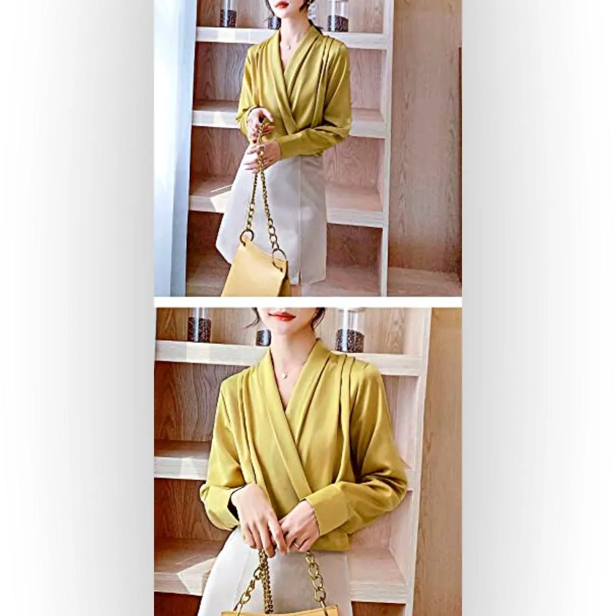 Luexco Elegant Satin Blouse Wrap V Neck Long Sleeve Top