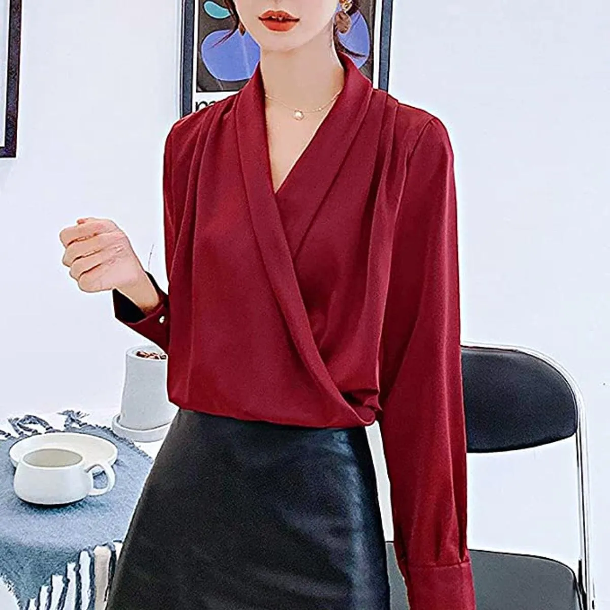 Luexco Elegant Satin Blouse Wrap V Neck Long Sleeve Top