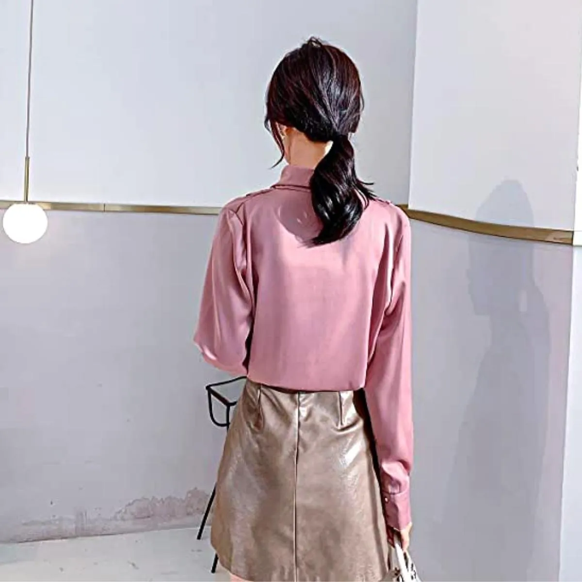 Luexco Elegant Satin Blouse Wrap V Neck Long Sleeve Top
