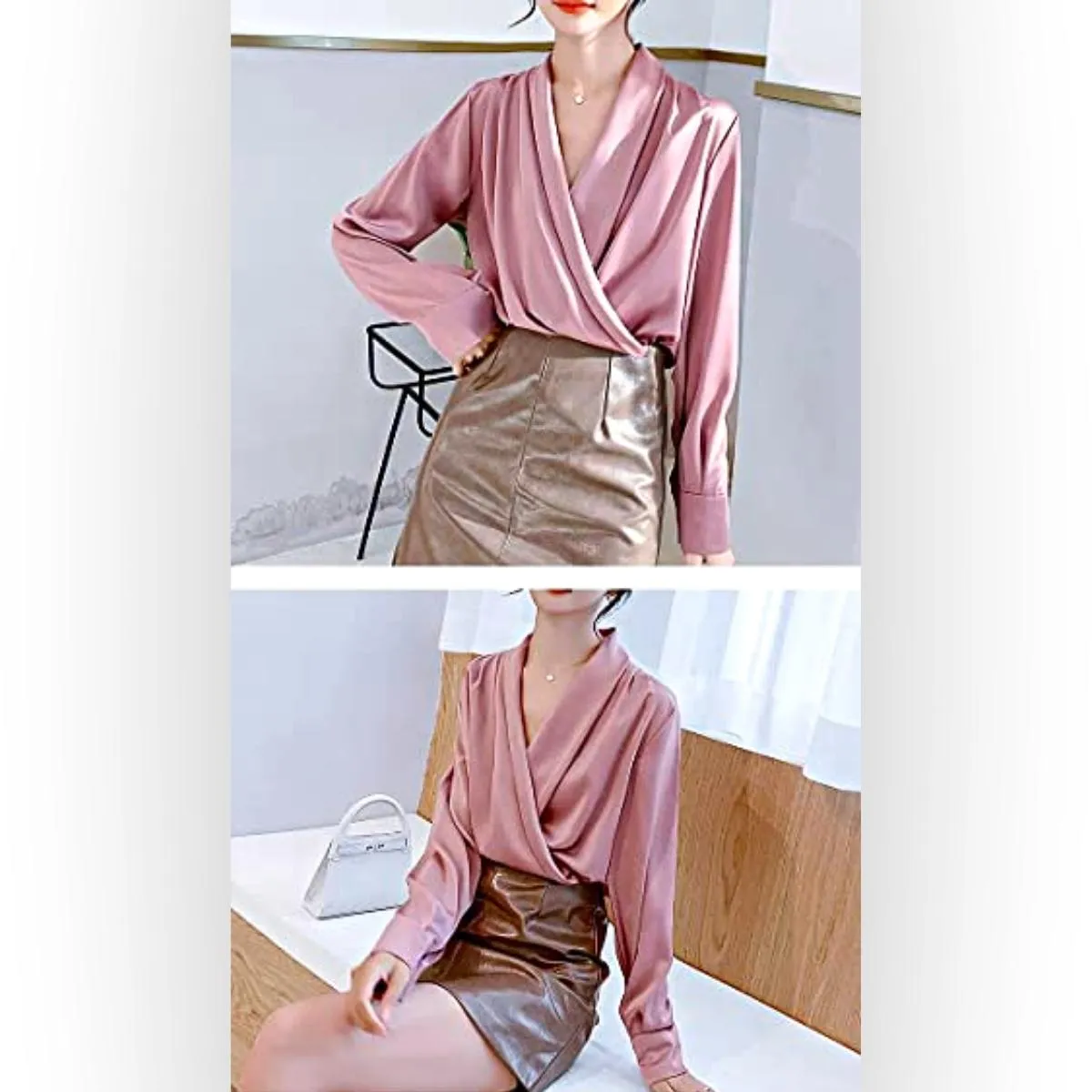 Luexco Elegant Satin Blouse Wrap V Neck Long Sleeve Top
