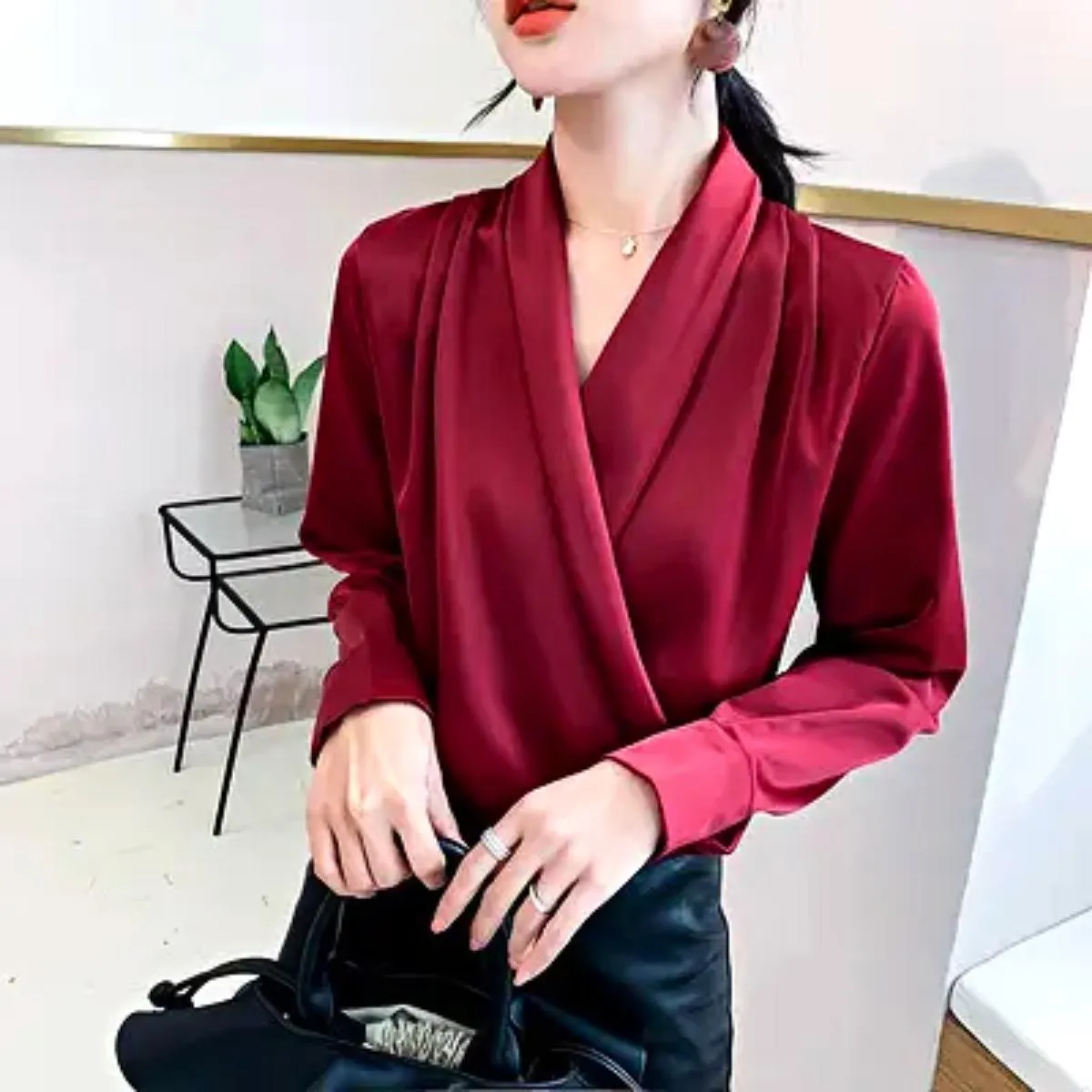 Luexco Elegant Satin Blouse Wrap V Neck Long Sleeve Top