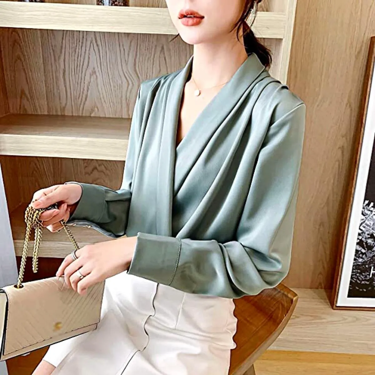 Luexco Elegant Satin Blouse Wrap V Neck Long Sleeve Top