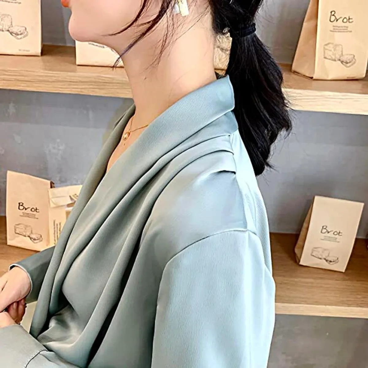Luexco Elegant Satin Blouse Wrap V Neck Long Sleeve Top