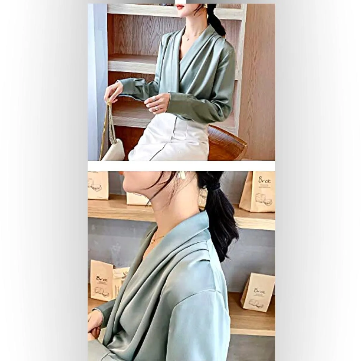 Luexco Elegant Satin Blouse Wrap V Neck Long Sleeve Top