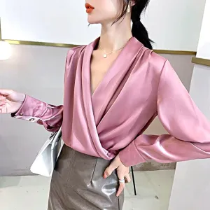 Luexco Elegant Satin Blouse Wrap V Neck Long Sleeve Top