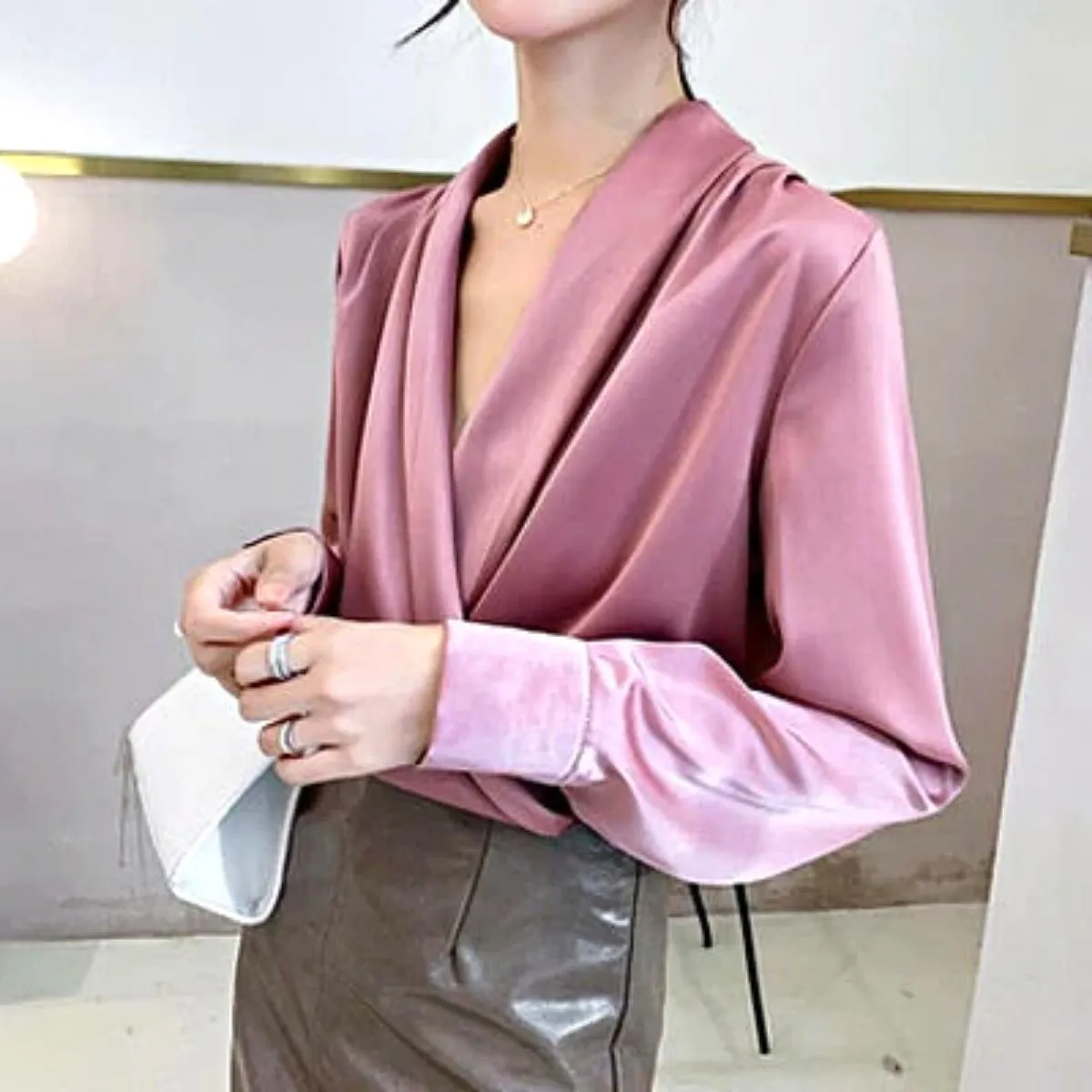 Luexco Elegant Satin Blouse Wrap V Neck Long Sleeve Top