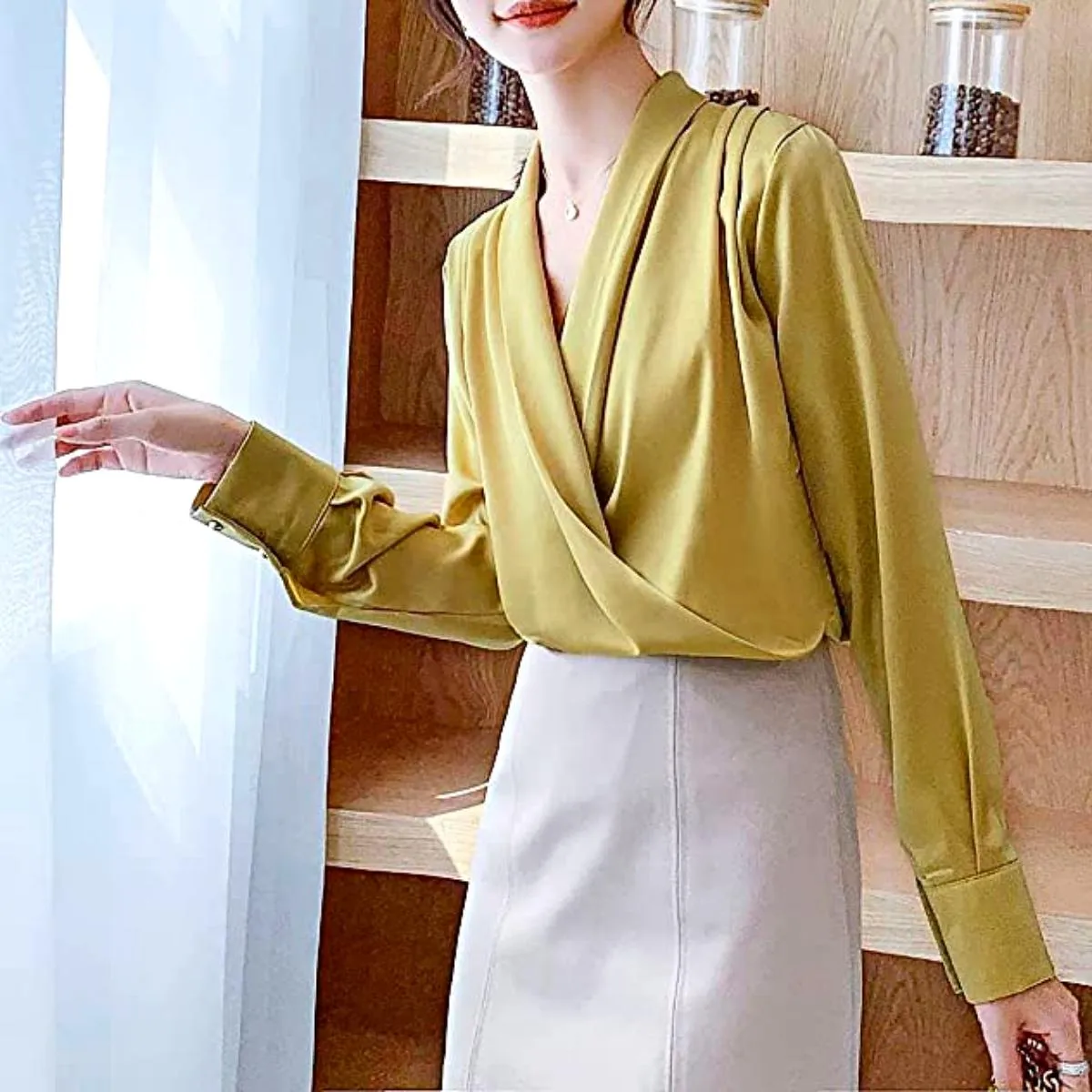 Luexco Elegant Satin Blouse Wrap V Neck Long Sleeve Top