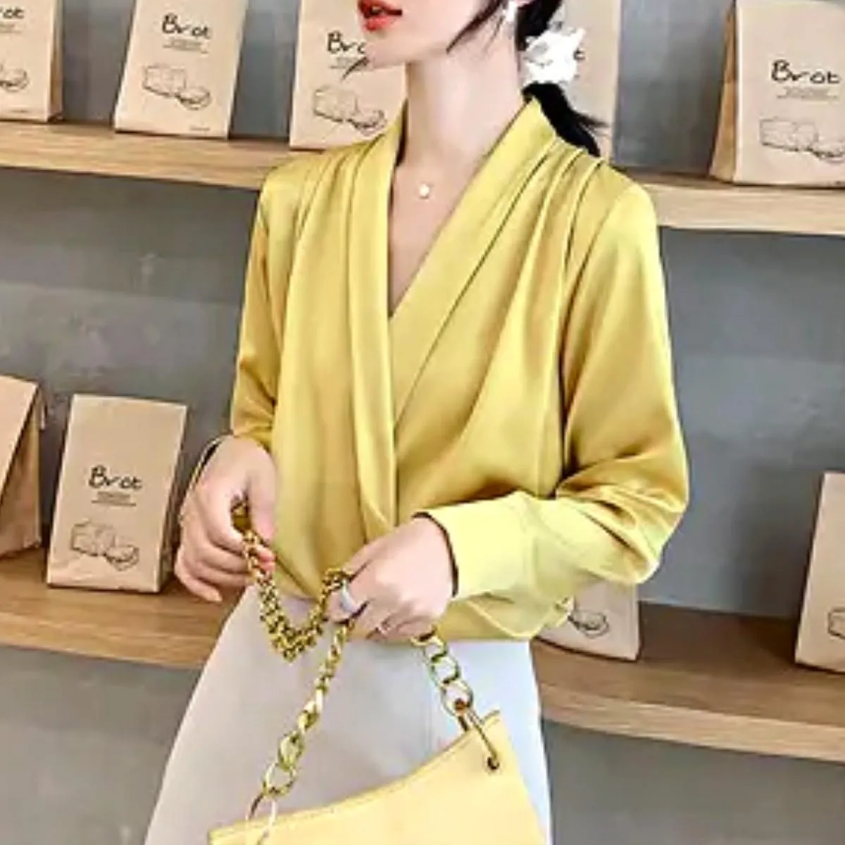 Luexco Elegant Satin Blouse Wrap V Neck Long Sleeve Top