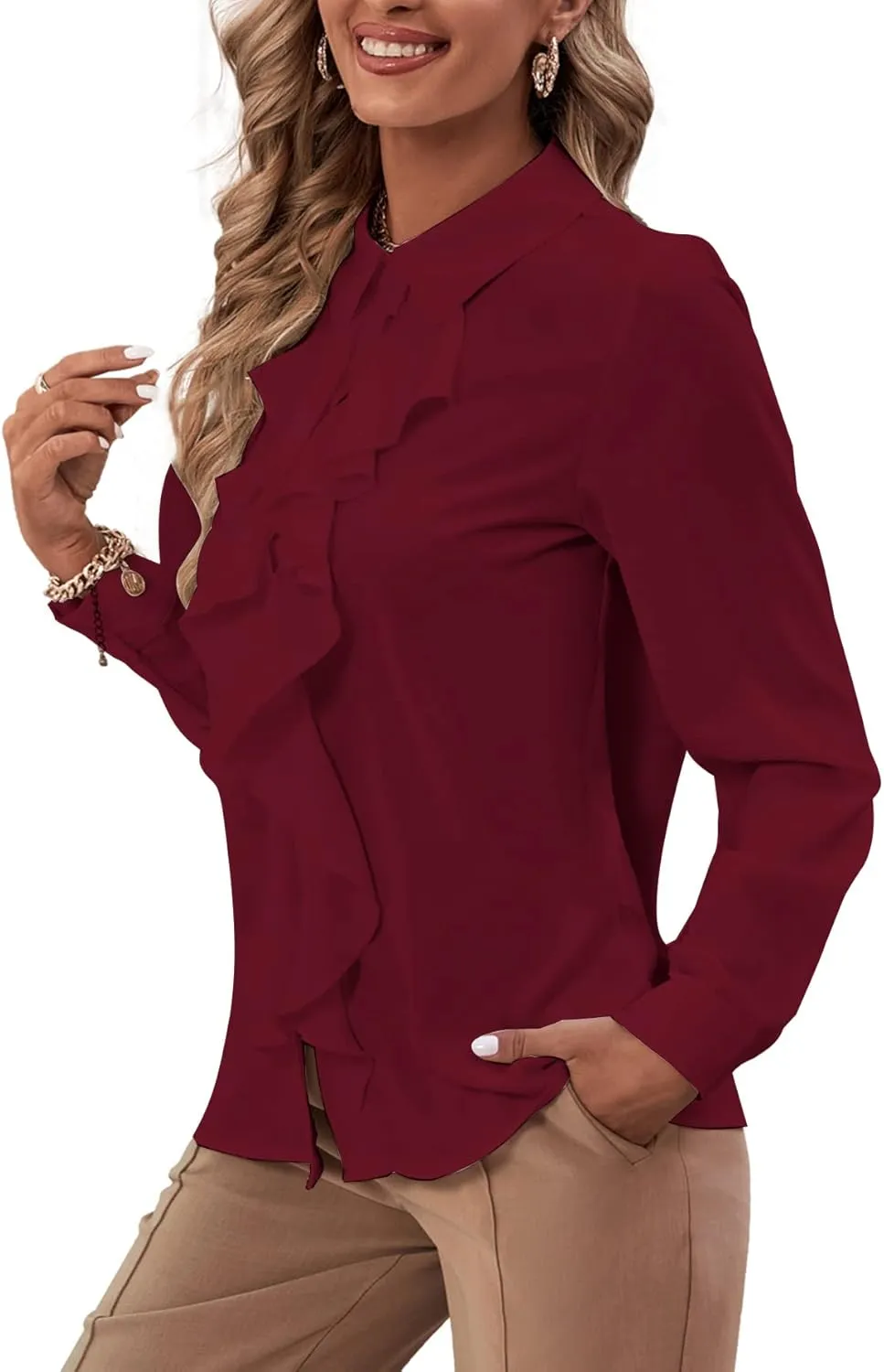 LYANER Women's Collar Neck Button Down Ruffle Front Long Sleeve Blouse Shirt Top