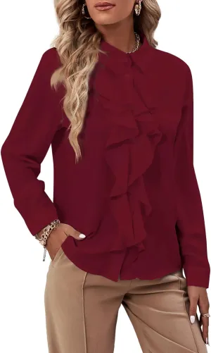 LYANER Women's Collar Neck Button Down Ruffle Front Long Sleeve Blouse Shirt Top